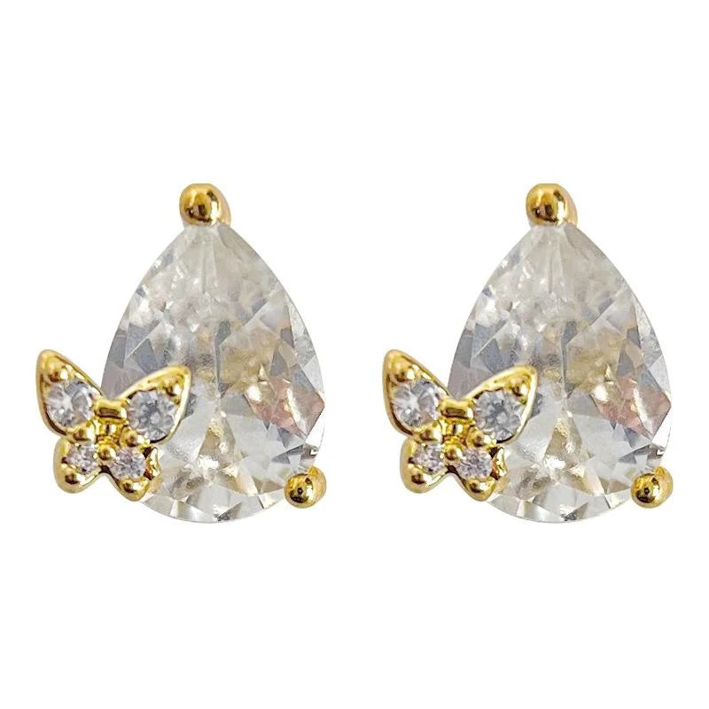 Sweet Butterfly Teardrop Zircon Copper Stud Earrings For Elegant Office Wear