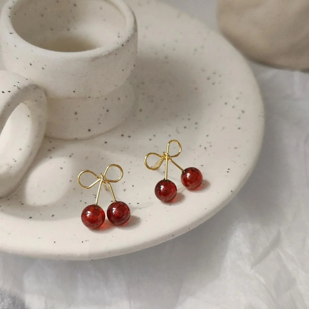 14K Gold Plated Garnet Small Cherry Stud Earrings Vintage French Korean Style Jewelry