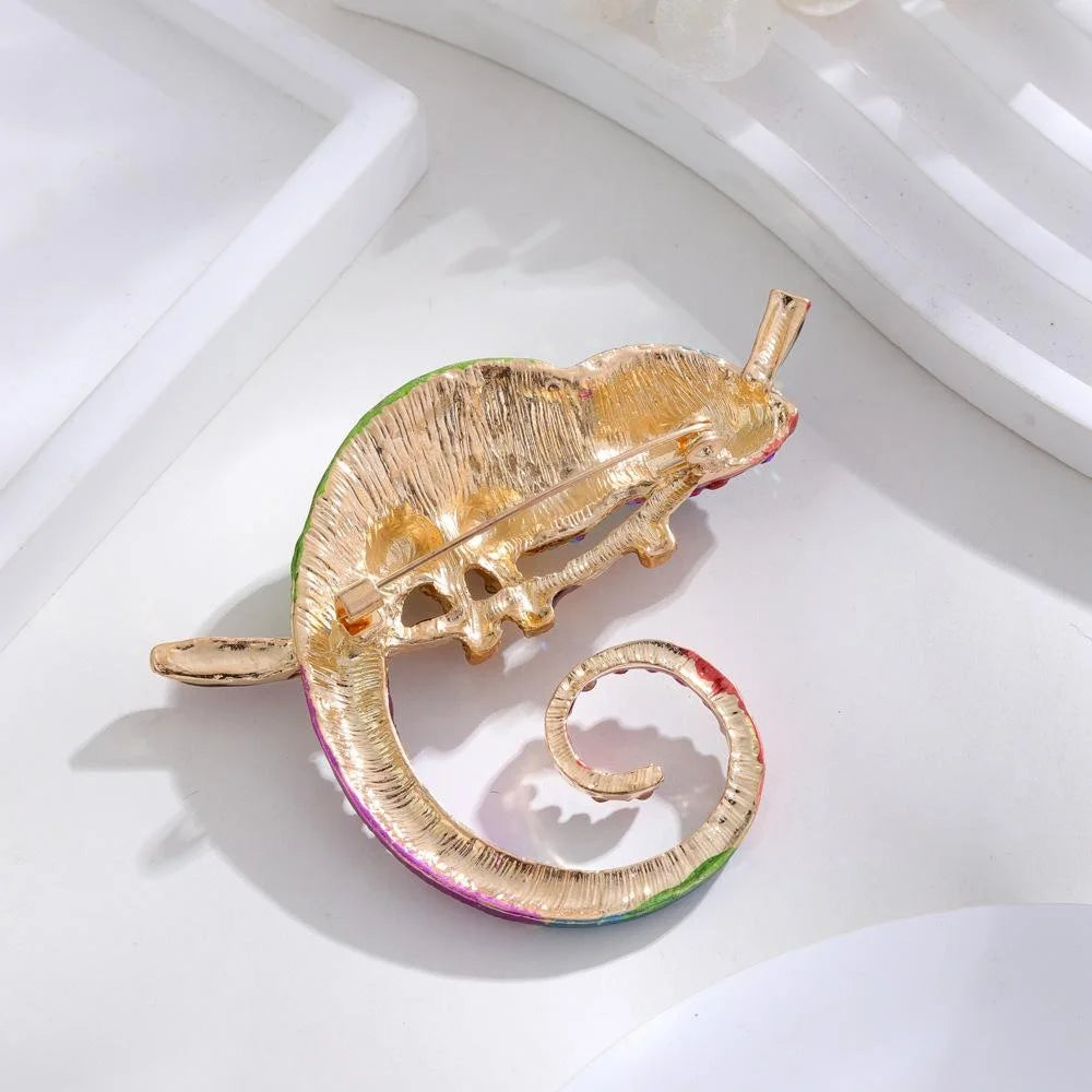 Luxury Colorful Enamel Chameleon On Branch Brooch With Rhinestones, Animal Lizard Lapel Pin Gift