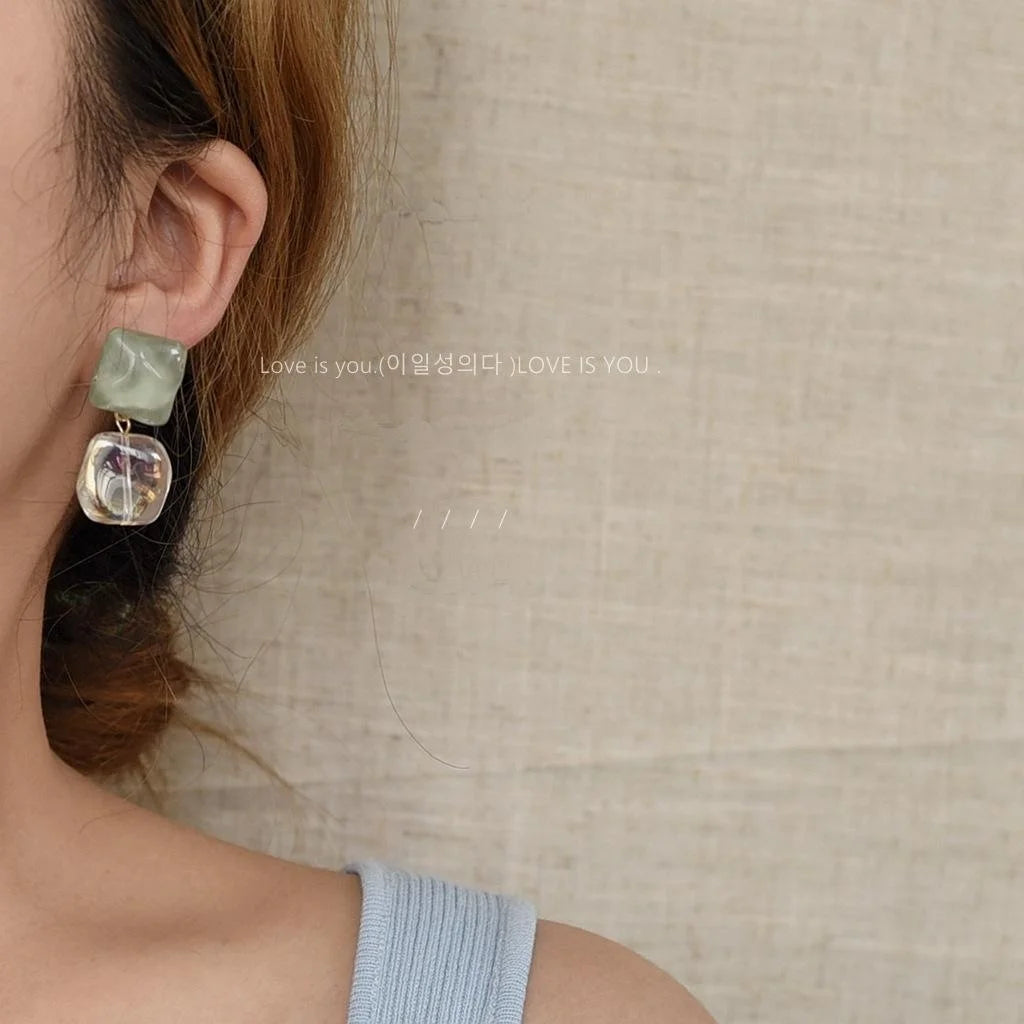 Ice Blue Ocean Glass Glazed Square Geometric Stud Earrings Minimalist Fashion Jewelry