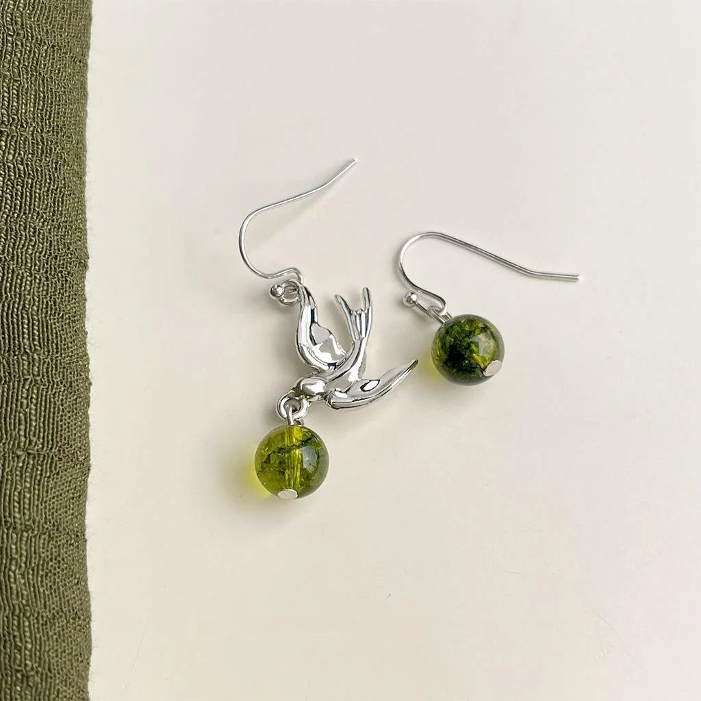Green Phantom Crystal Bird Drop Earrings Handmade Asymmetric Forest Style Natural Stone Jewelry