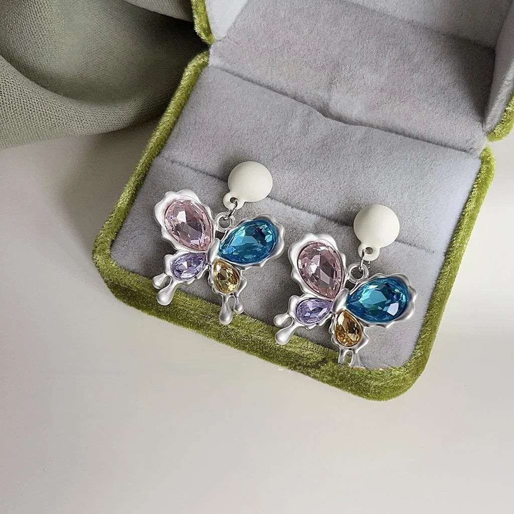 Sweet Cool Colorful Glass Crystal Butterfly Drop Earrings Candy Color Creative Student Jewelry