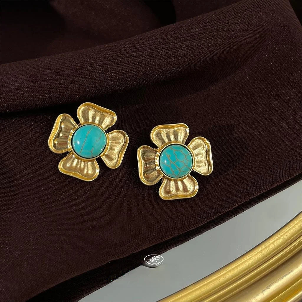 Vintage Floral Drop Earrings With Copper And Synthetic Turquoise, French Statement Luxury Jewelry