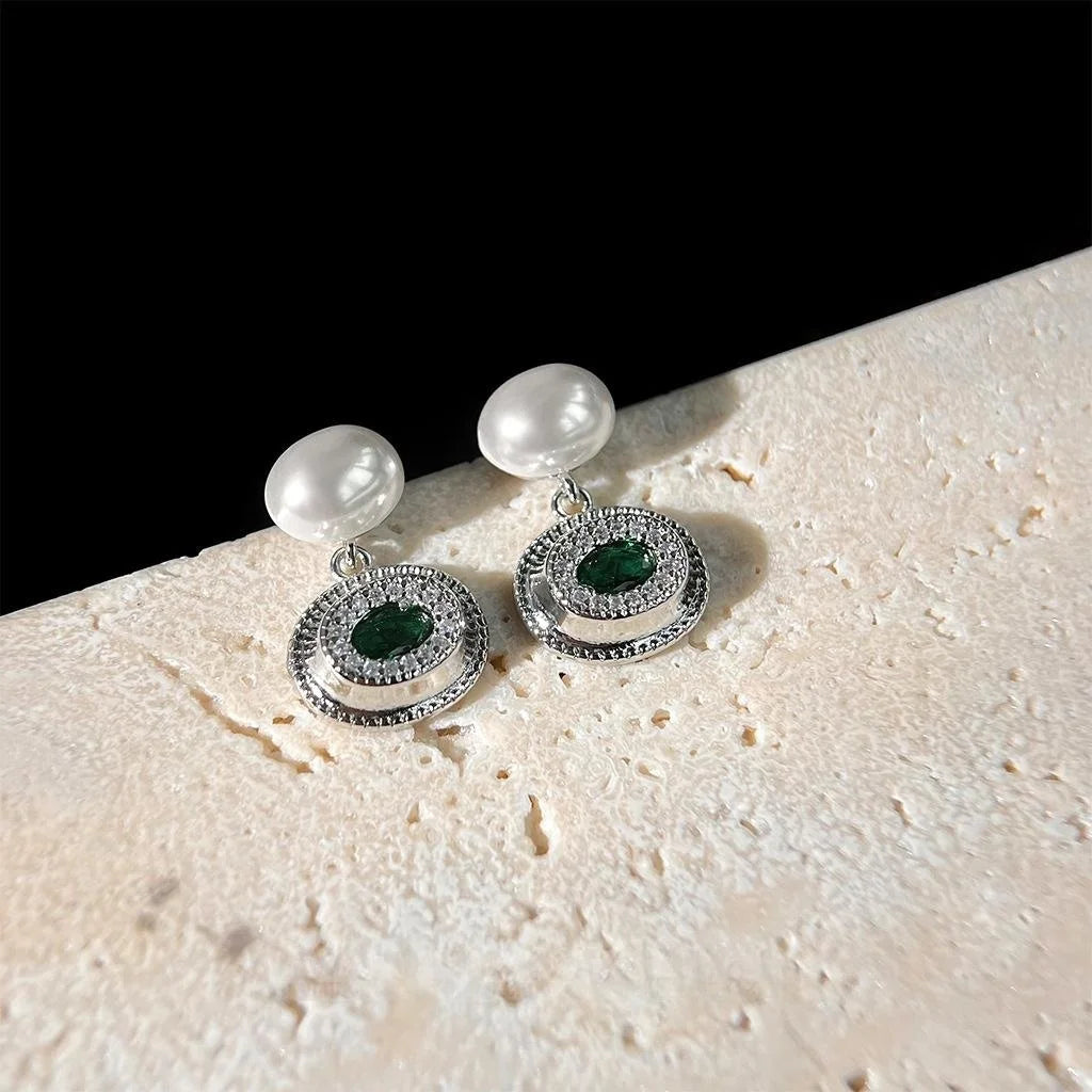 Micro Pave Zircon Minimalist Silver Tone Copper Oval Emerald Geometric Drop Earrings