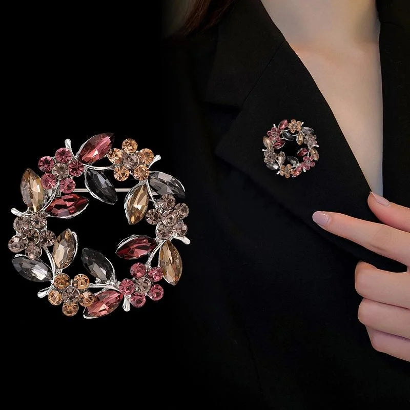 Elegant Rhinestone Crystal Flower Wreath Brooch, Alloy Floral Lapel Pin Corsage For Women's Suit Gift