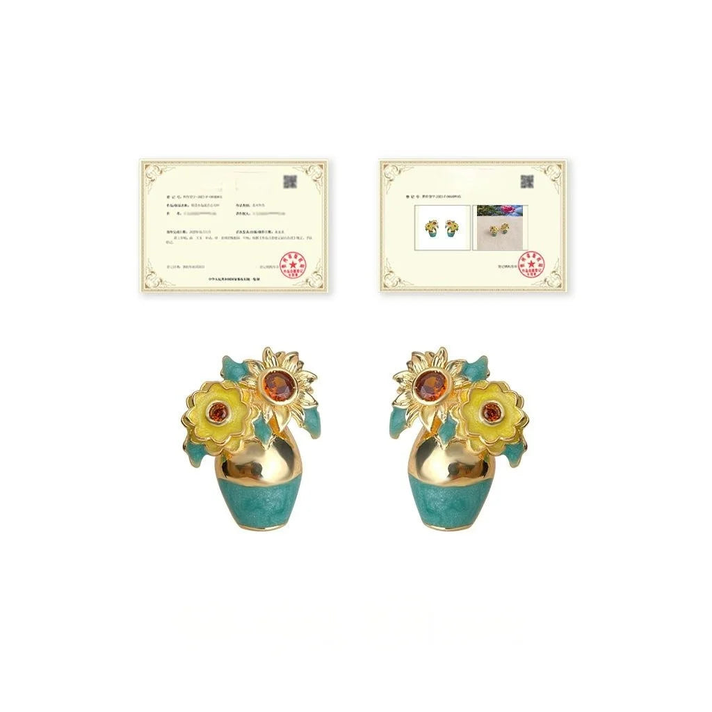 Luxury Designer Sunflower Enamel Stud Earrings 14K Plated Copper Micro Pave Zircon Jewelry