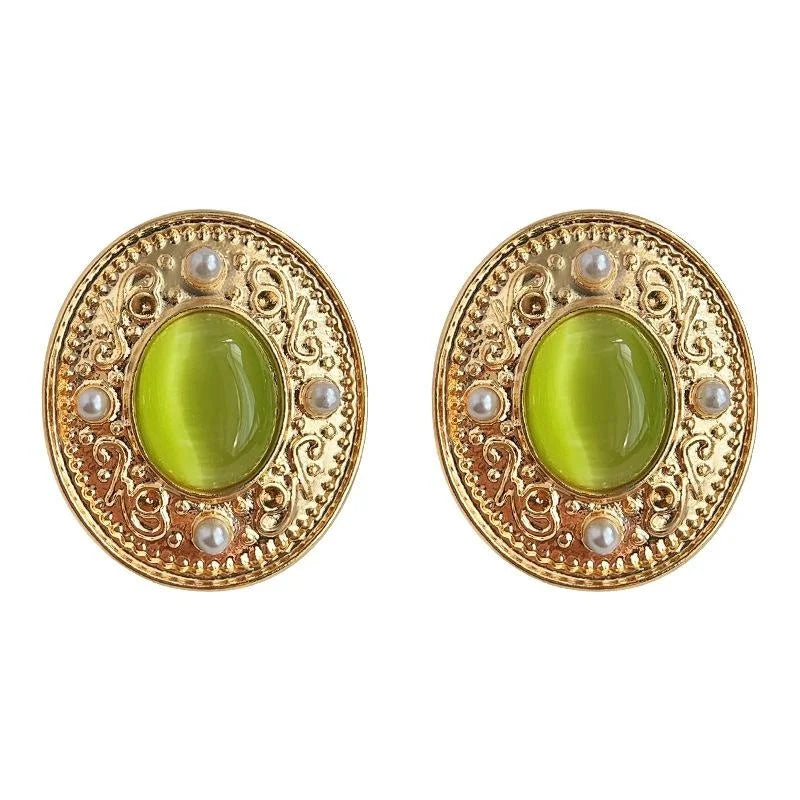 French Vintage Green Glass Cat Eye Oval Pearl Copper Stud Earrings Elegant Geometric Jewelry