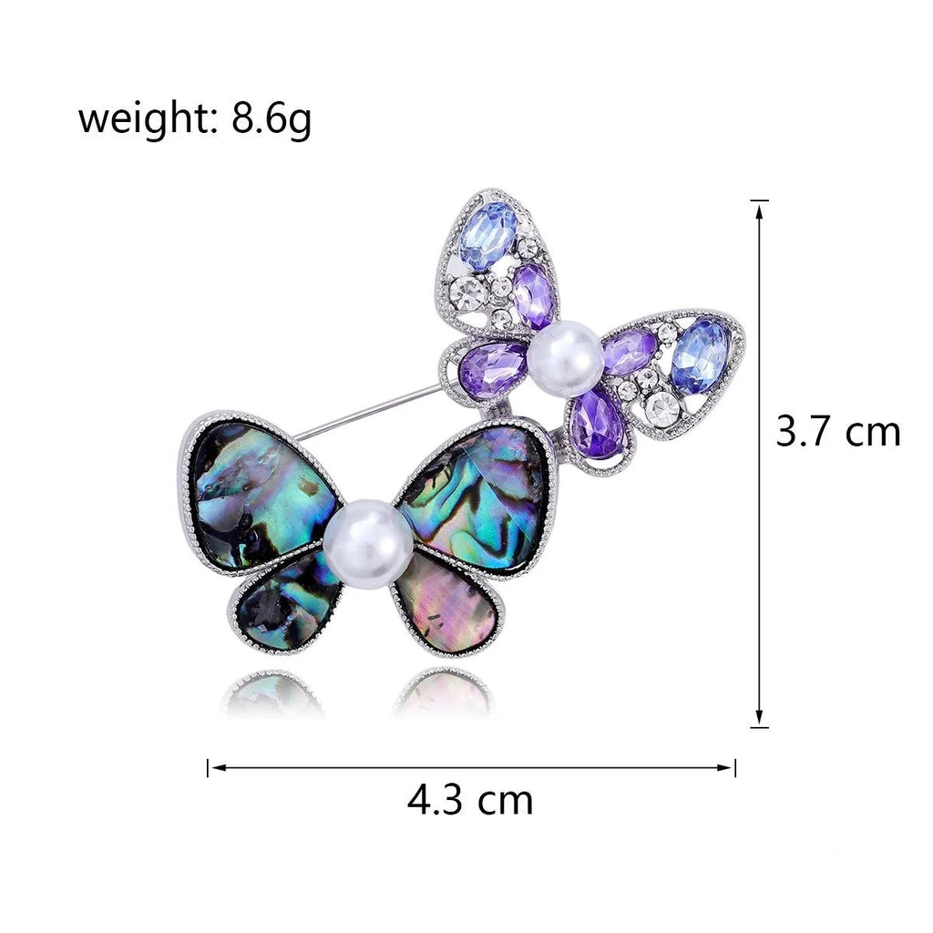 Elegant Double Butterfly Mother Of Pearl Rhinestone Brooch With Faux Pearl, Vintage Lapel Pin Gift