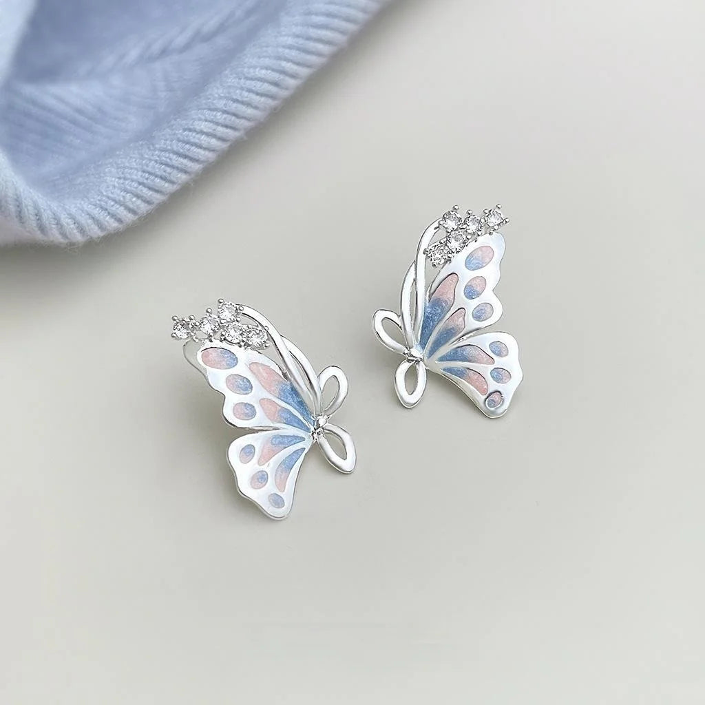 Hand Painted Butterfly Zircon Stud Earrings Eco Copper Silver Plated Fairy Forest Jewelry