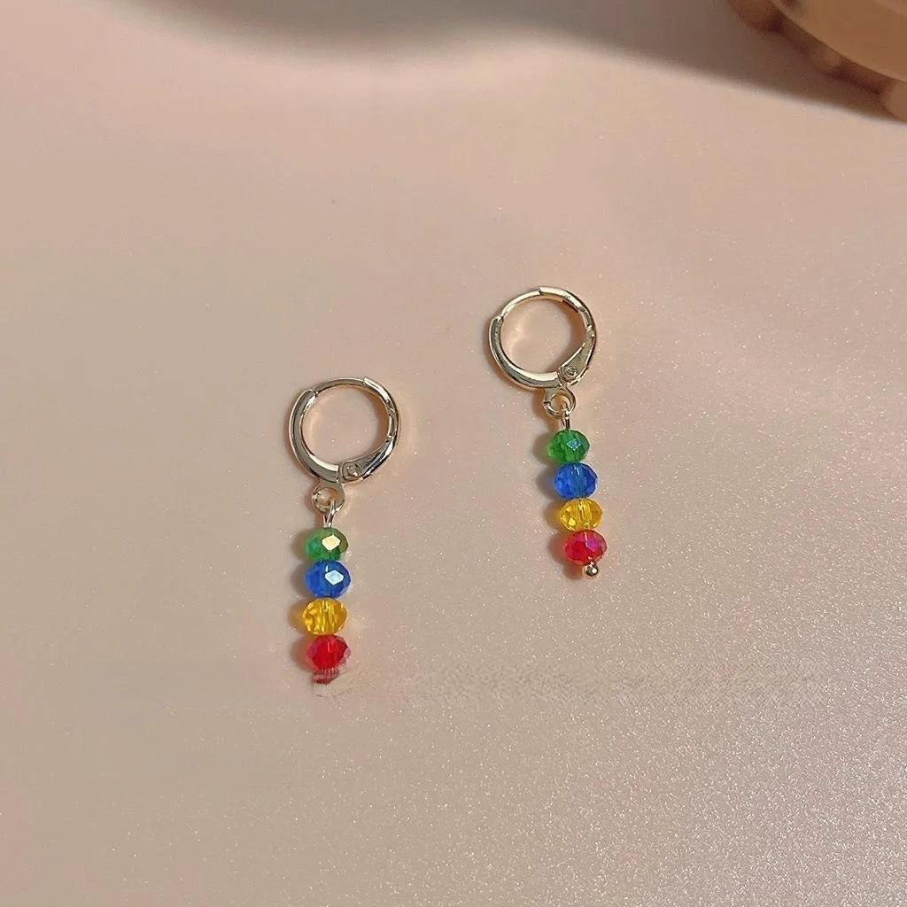 Handmade Sweet Summer Candy Color Glass Crystal Beaded Tassel Drop Earrings With Copper Geometric Design