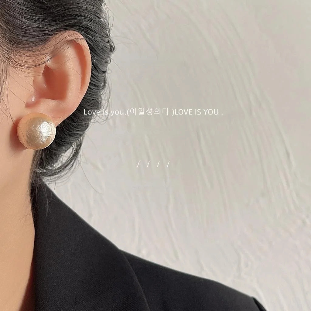 Round Cotton Pearl Silver Plated Pin Stud Earrings, Elegant Minimalist Fashion Jewelry