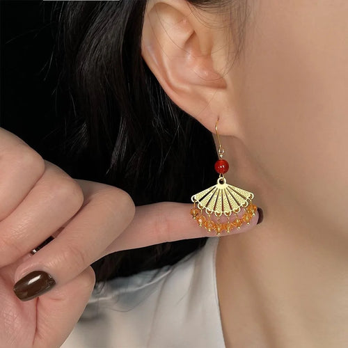 Vintage Red Agate Glass Crystal Fan Geometric Handmade Drop Earrings For Women