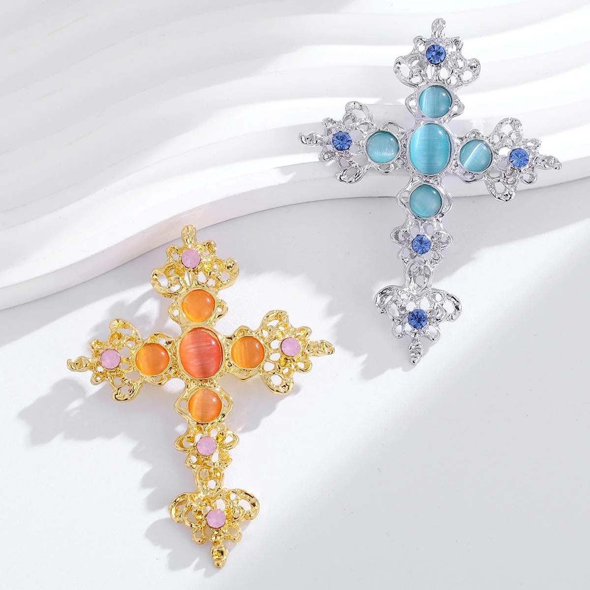 Elegant Silver Alloy Cross Brooch With Blue Rhinestones And Turquoise Cabochons, Women's Lapel Pin Gift