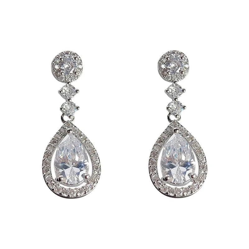 Elegant Long Teardrop Drop Earrings Micro Pave Zircon Copper Evening Jewelry