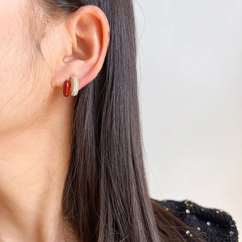 Elegant Red Enamel Bean Hoop Zircon Stud & Clip On No Piercing Luxury Alloy Half Circle Earrings