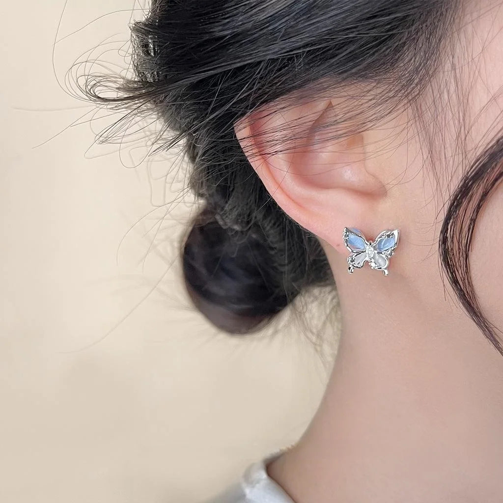 2025 Summer Sweet Cool Blue Glass Cat Eye Zircon Micro Pave 3D Butterfly Stud Earrings