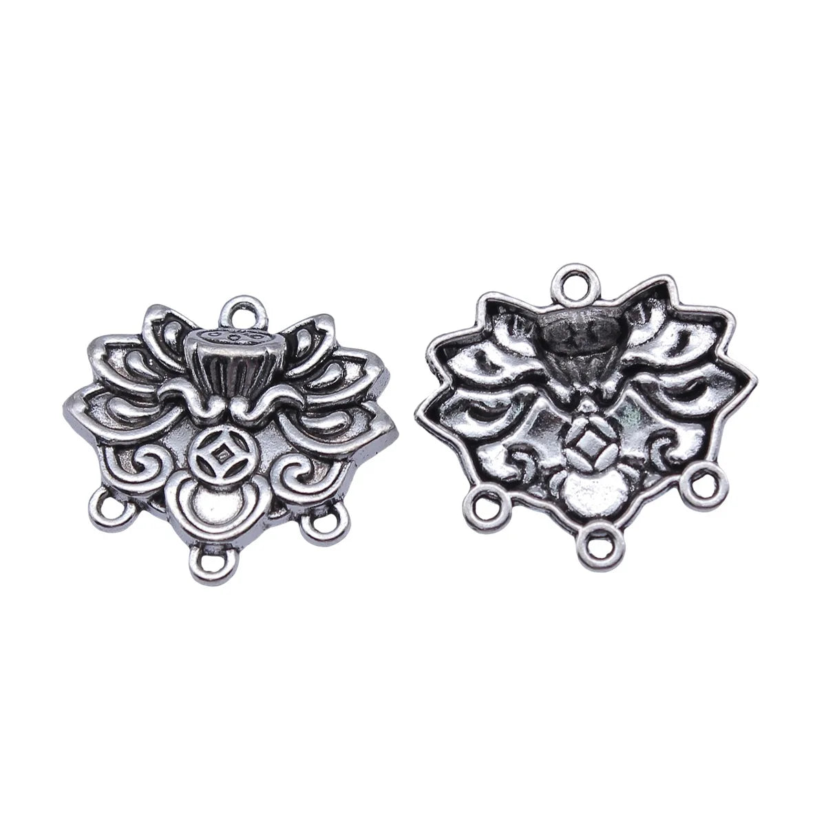 25x23mm 2.6g Antique Silver Zinc Alloy Coin Lotus Connector Charm for DIY Earrings Necklace Making