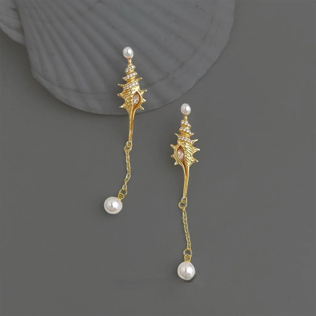 Sweet Conch Shell Copper Drop Earrings With Zircon Micro Pave, Pearl Accent