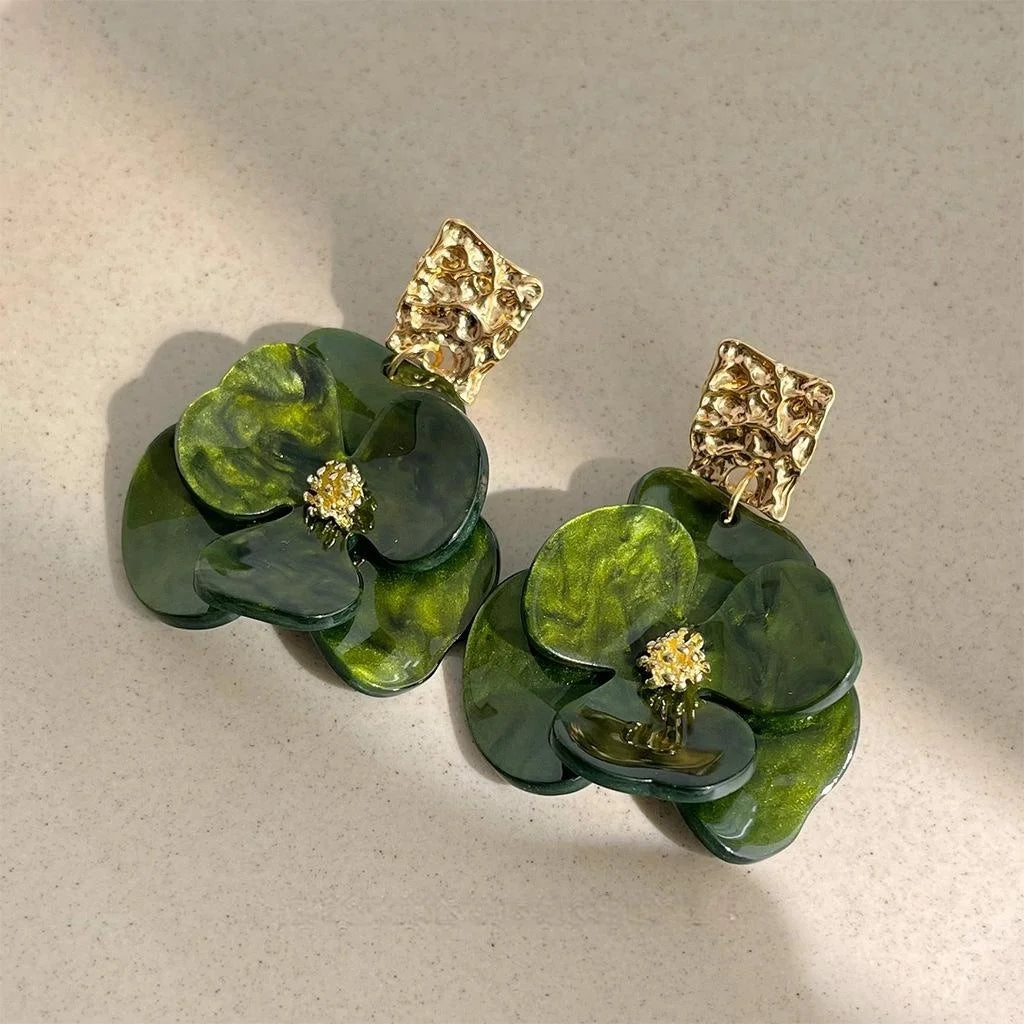 Tundra Green 14K Plated Vintage Acetate Iris Flower Drop Earrings Forest Style Jewelry