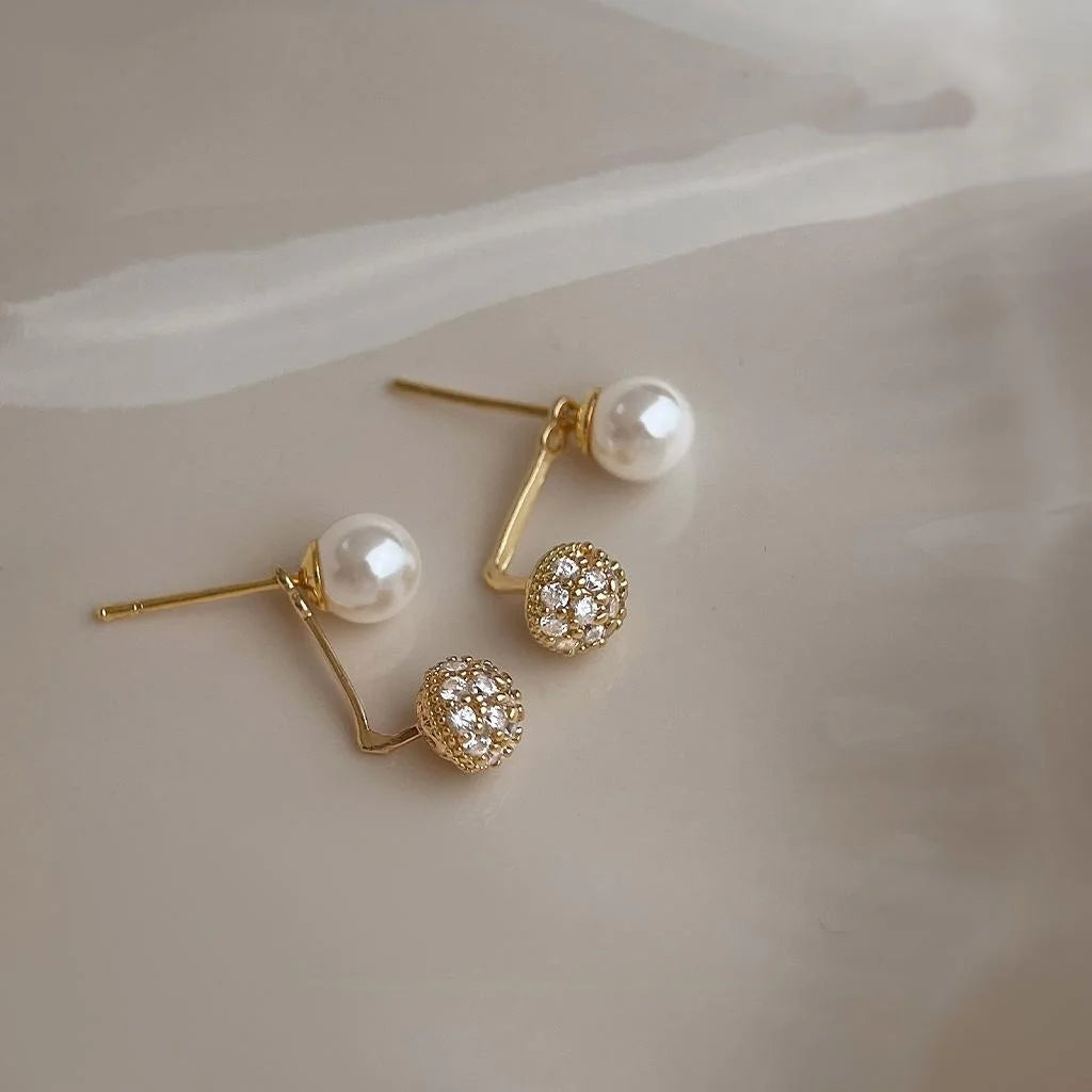 Two Way 14K Gold Plated Copper Pearl Stud Earrings With Micro Pave Zircon Round Geometric Design