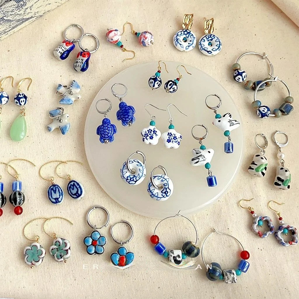 New Chinese Blue And White Porcelain Handmade Ceramic Copper Geometric Drop Earrings