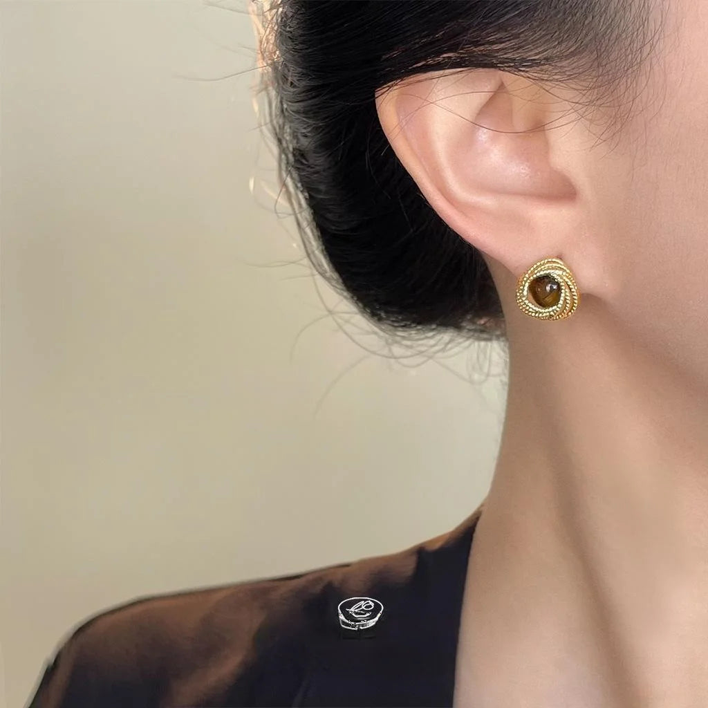 Maillard Style Copper Tiger Eye Stud Earrings Vintage Round Geometric Line Design
