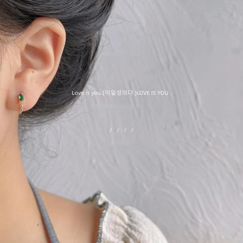 Minimalist Copper Green Rectangular Zircon Stud Earrings Micro Pave Geometric Daily Jewelry