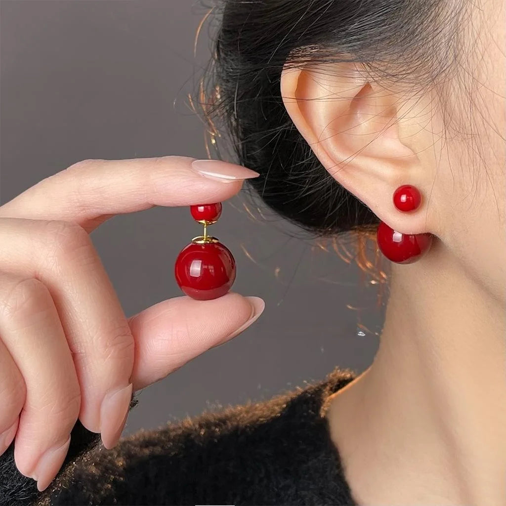 Two Way Round Glass Pearl Copper Drop Earrings High End Fashion Geometric Jewelry