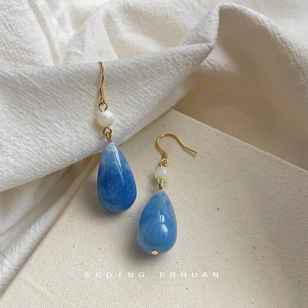 Original Design Haze Blue Handmade Gradient Teardrop Copper Drop Earrings, New Chinese French Vintage Style