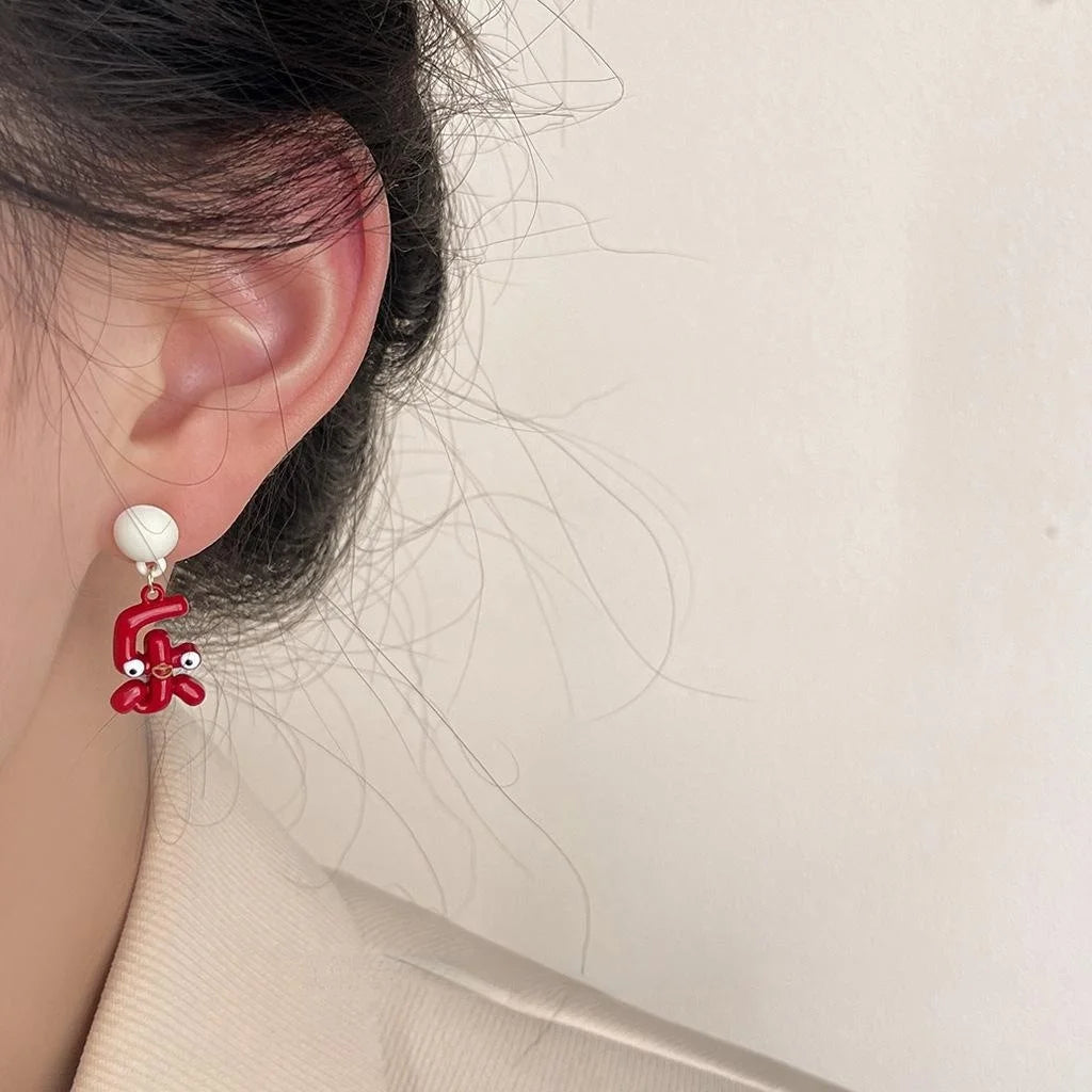 Festive Red Enamel Chinese Character Drop Earrings Copper Posts New Year Jewelry