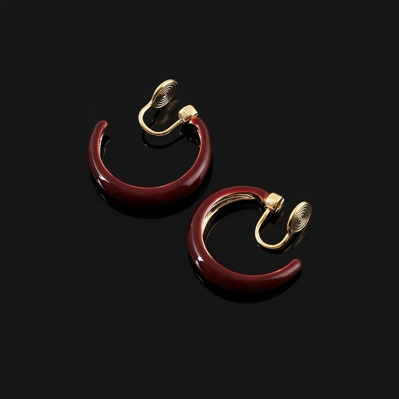Vintage Dark Red Enamel C Hoop Alloy Stud & Clip On No Piercing Spiral Disc Women's Earrings