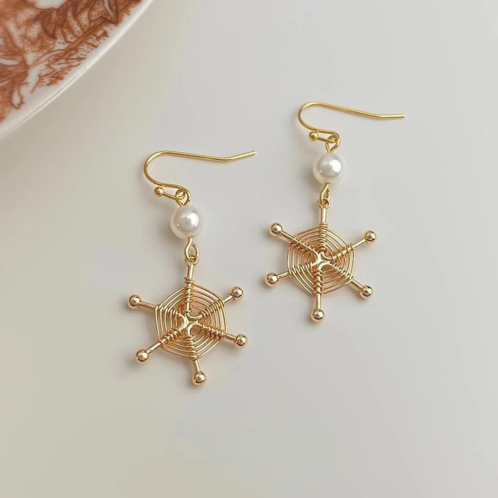 Original Handmade Dreamcatcher Drop Earrings Glass Pearl Copper Geometric Round Line Style