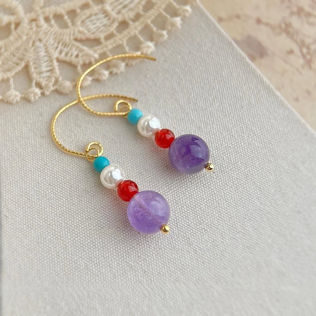 Handmade New Chinese Style Geometric Round Red Agate Amethyst Glass Pearl Turquoise Drop Earrings