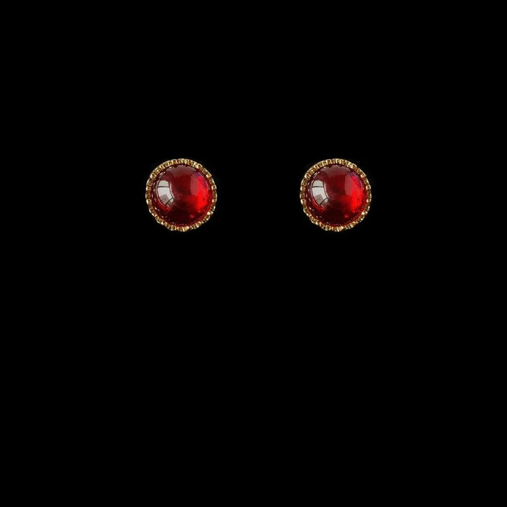 Vintage Palace Round Resin Ruby Stud Earrings 14K Gold Plated Burgundy Jewelry