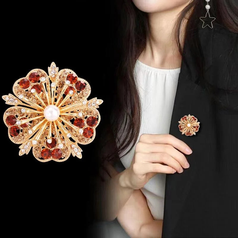 Luxury Flower Brooch With Purple Green Rhinestones And Pearl Center, Elegant Alloy Lapel Pin Corsage Gift