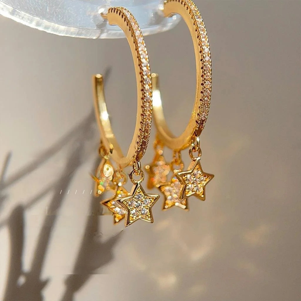 Luxury 14K Gold Plated Copper Star Drop Earrings With Micro Pave Zirconia Layered Design