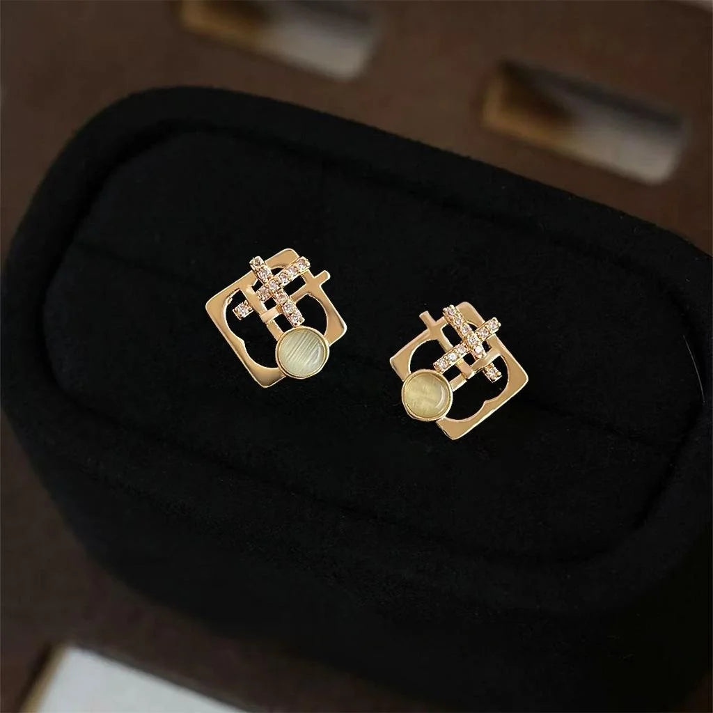 Light Luxury Geometric Glass Cat Eye Micro Pave Zircon Copper Stud Earrings