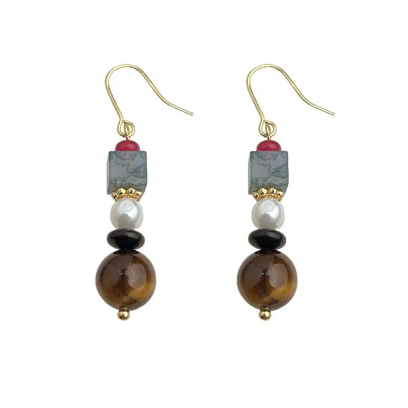 Handmade Tiger Eye Stone Freshwater Pearl Geometric Drop Earrings Ethnic Vintage Chinese Style