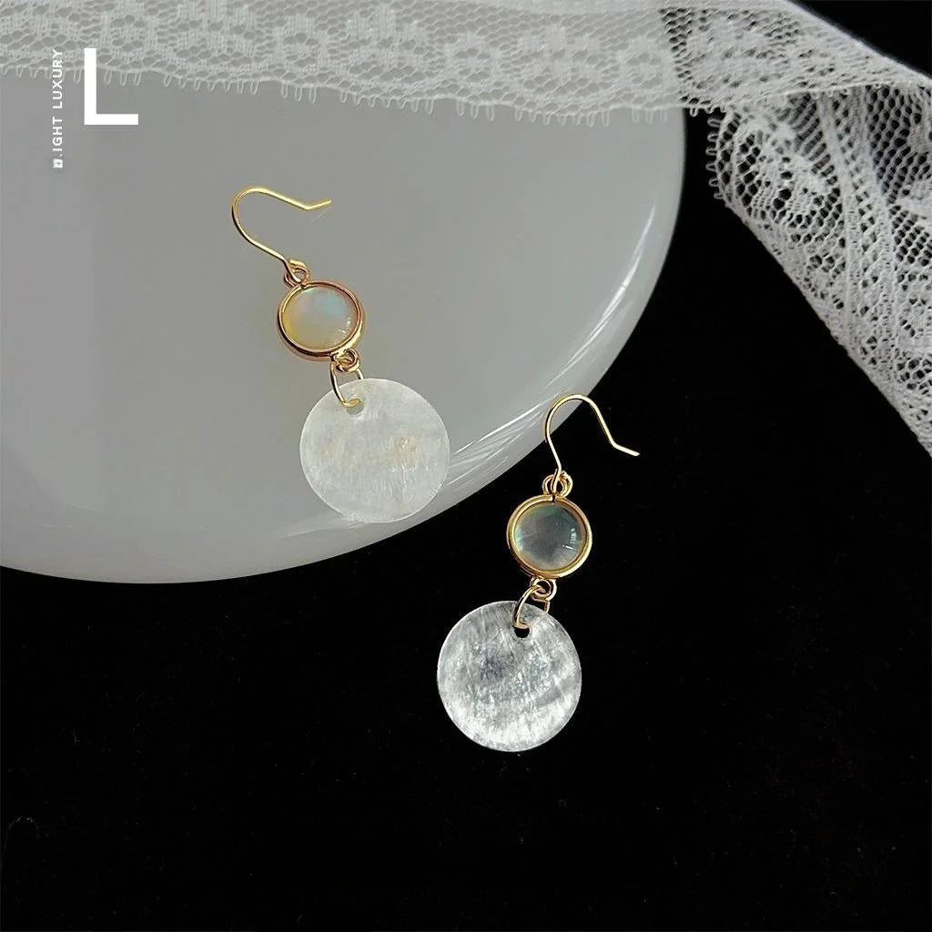 French Vintage Copper And Real Shell Round Geometric Drop Earrings Elegant Handmade Jewelry