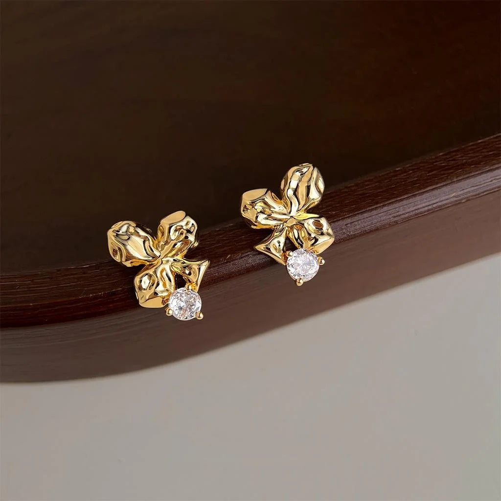 Light Luxury Plum Blossom Micro Pave Zircon Copper Stud Earrings With 14K Plated