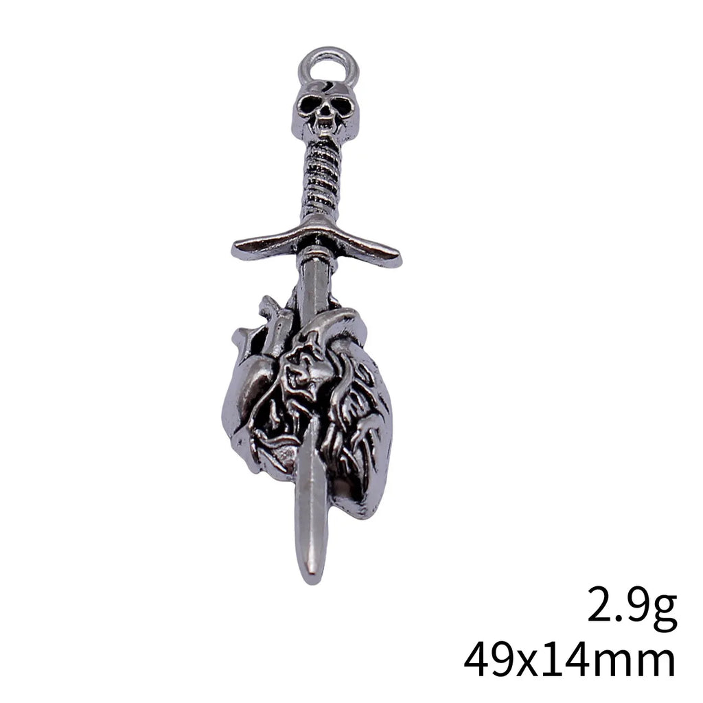 49x14mm 2.9g Antique Silver Tone Zinc Alloy Skull Sword Heart Charm Pendant for Gothic DIY Jewelry