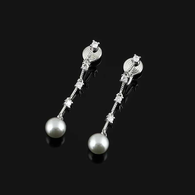 Elegant Long Tassel Grey Pearl Zircon Drop Stud & Clip On No Piercing Face Slimming Earrings