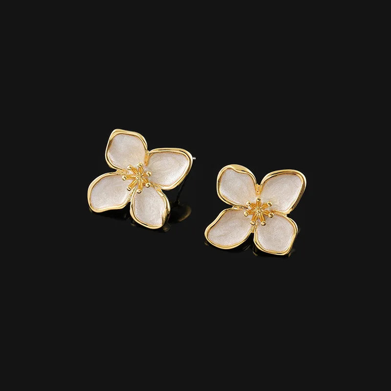 Elegant French Gold Tone Floral Enamel Alloy Stud & Clip On No Piercing Sweet Blossom Jewelry Earrings