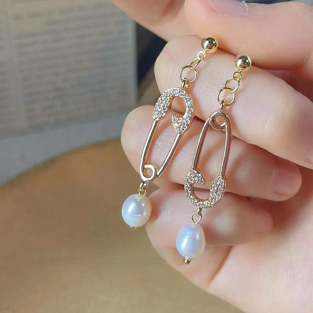 French Vintage Asymmetric Freshwater Pearl Zircon Micro Pave 14K Silver Plated Drop Earrings