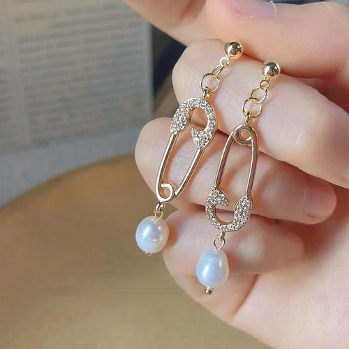 French Vintage Asymmetric Freshwater Pearl Zircon Micro Pave 14K Silver Plated Drop Earrings