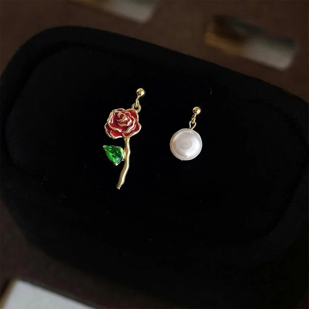 French Vintage Asymmetric Rose Geometric Baroque Freshwater Pearl Drop Earrings