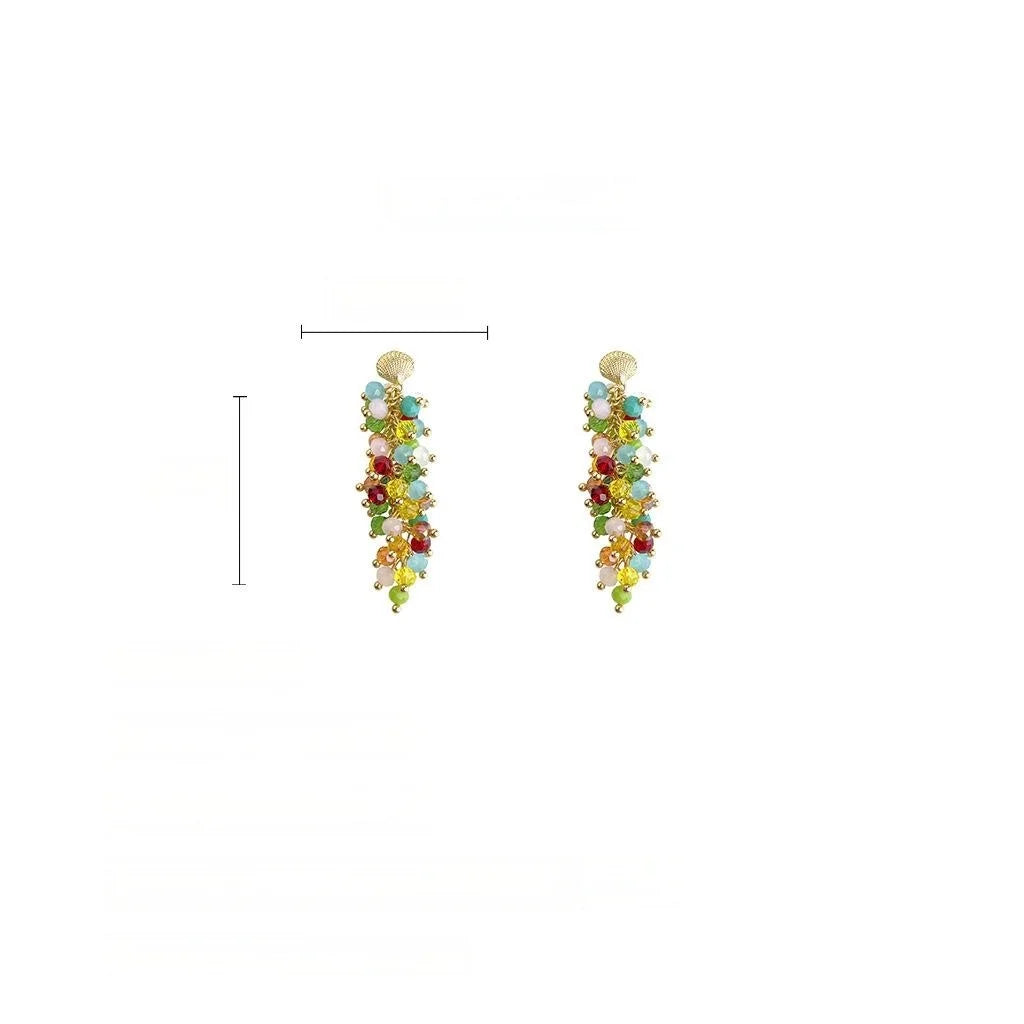 Boho Vacation Style Glass Crystal Tassel Drop Earrings, Colorful Handmade Copper Geometric Jewelry