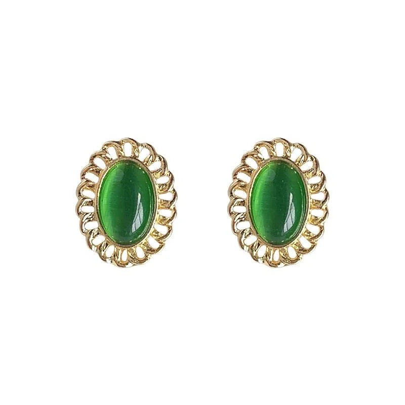 French Vintage Oval Glass Cat Eye Stone Stud Earrings Eco Copper Hollow Lace Edge Jewelry