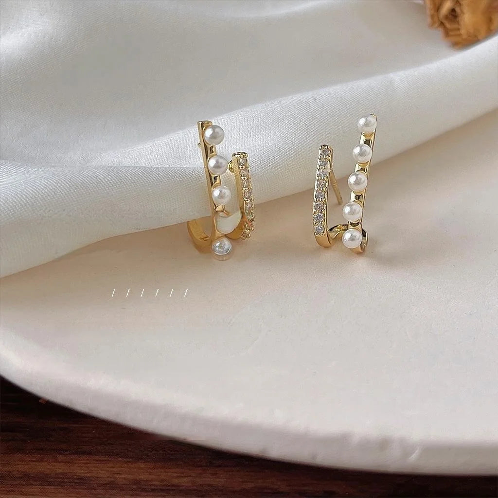 14K Gold Plated Copper Pearl Stud Earrings Micro Pave Zircon Geometric Line Design