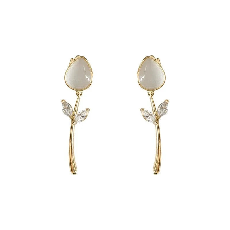 French Vintage Tulip Flower Drop Earrings Copper Glass Cat Eye Zircon Tassel Jewelry